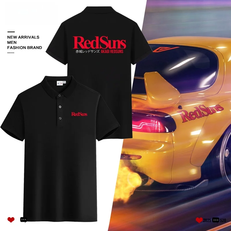 

D Headlights Red Sun T ort Sve irt Summer Modified Car Collared JDM Youth Faion Cotton Blend Casual Wear