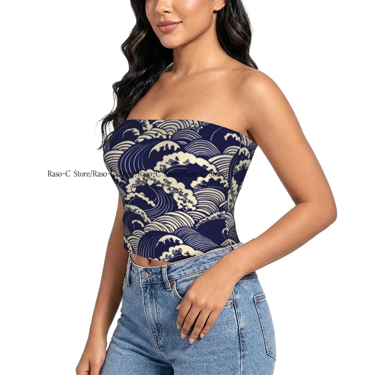 Strapless Sexy Tube Tops Summer Outfits Women Backless Shoulder Wrap Classic Japanese Wave Pattern Female Crop Top