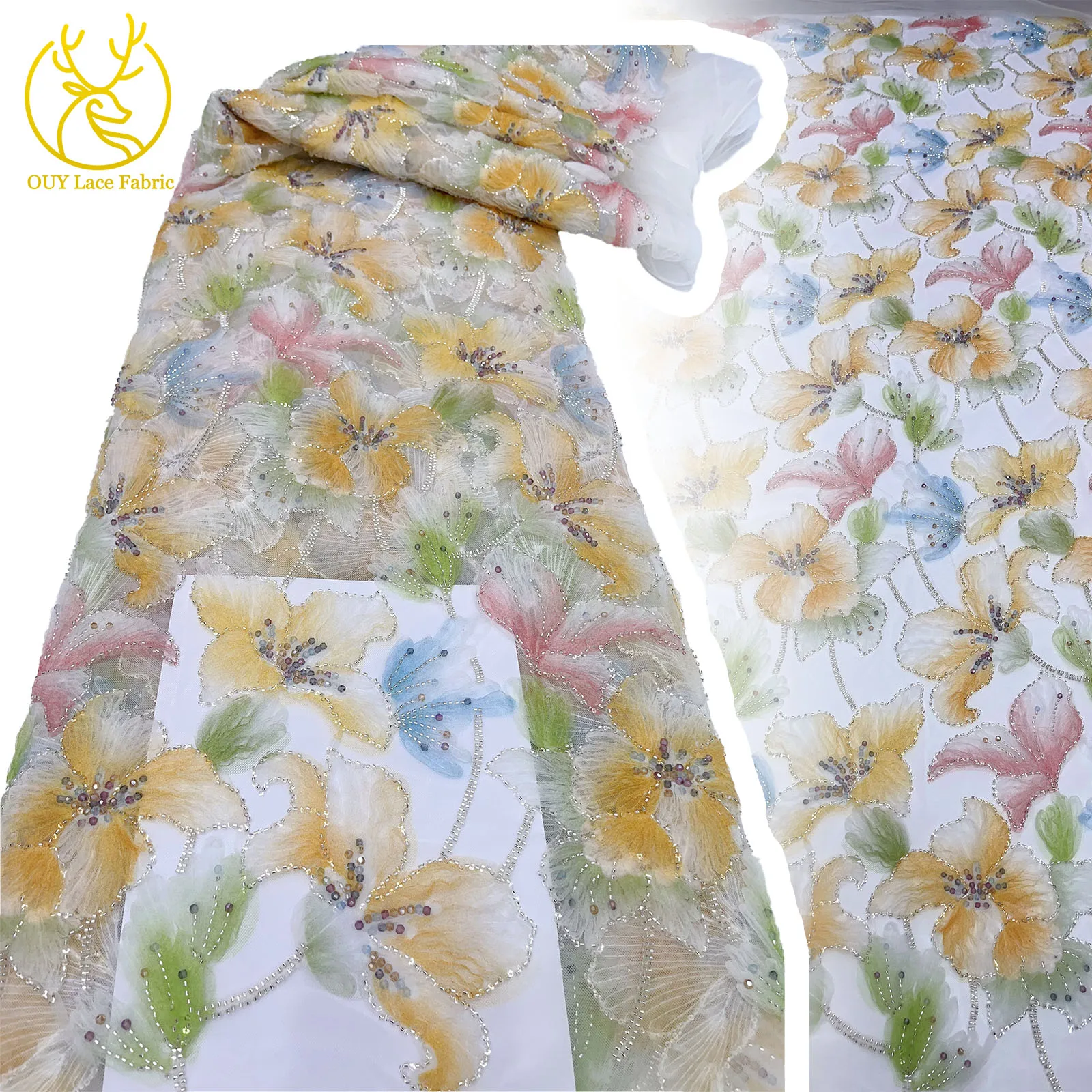 

3D Flower French Sequins Colorful Ribbon Lace Fabric 2025 Elegant Embroidery Beaded Mesh Lace Fabric for Women's Wedding Dresses