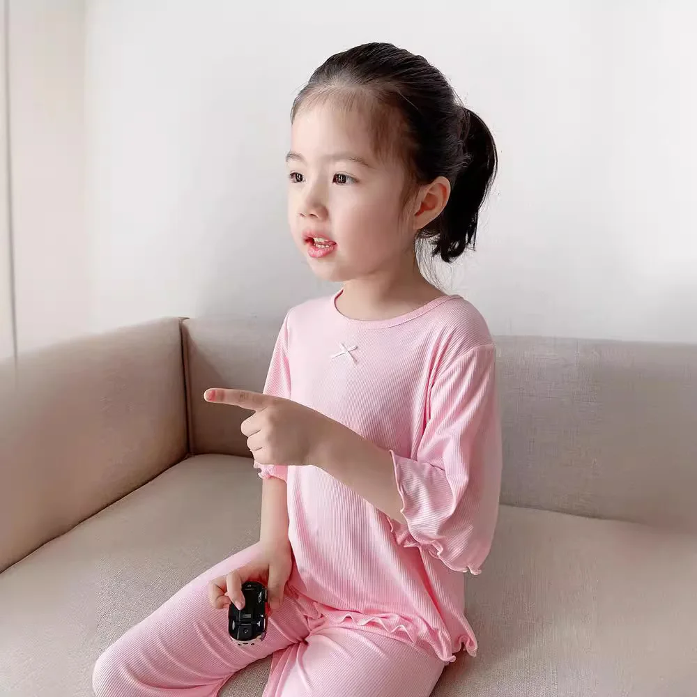 2026 Girls' Ice Silk Pajama Set Thin Children's Modal Home Clothes Middle and Small Children's Summer Clothes Cute Style