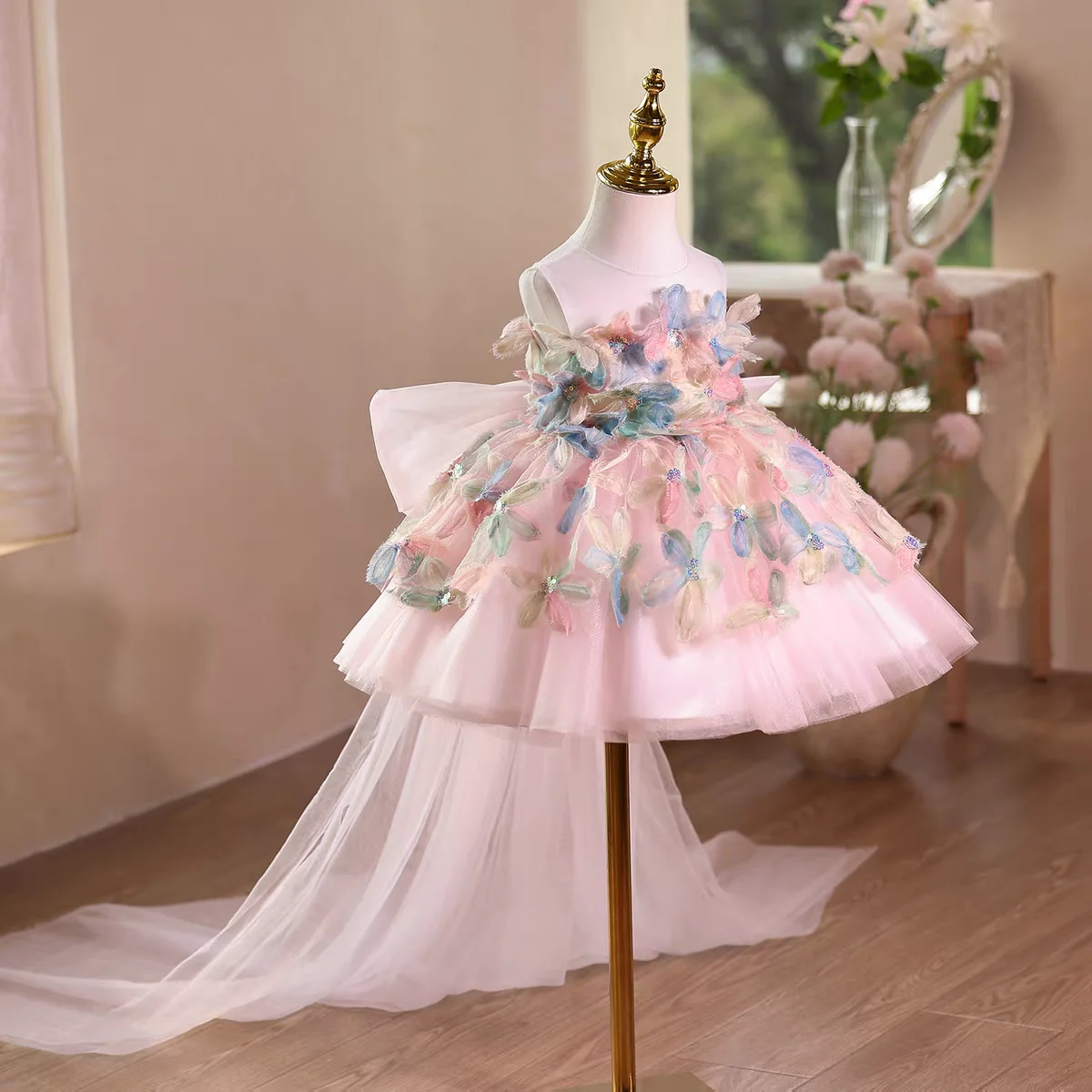 Dreamy Vow D113 Elegante abito da bambina rosa floreale senza maniche in tulle Festival per bambini Festa di compleanno Abito da ballo al ginocchio