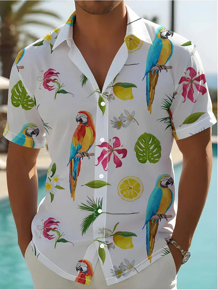 Beach Vacation Leisure Harajuku Men's Shirt Hawaii Fashion Oversize Summer Short Sleeve Shirt Parrot 3d Digital Printing Shirt