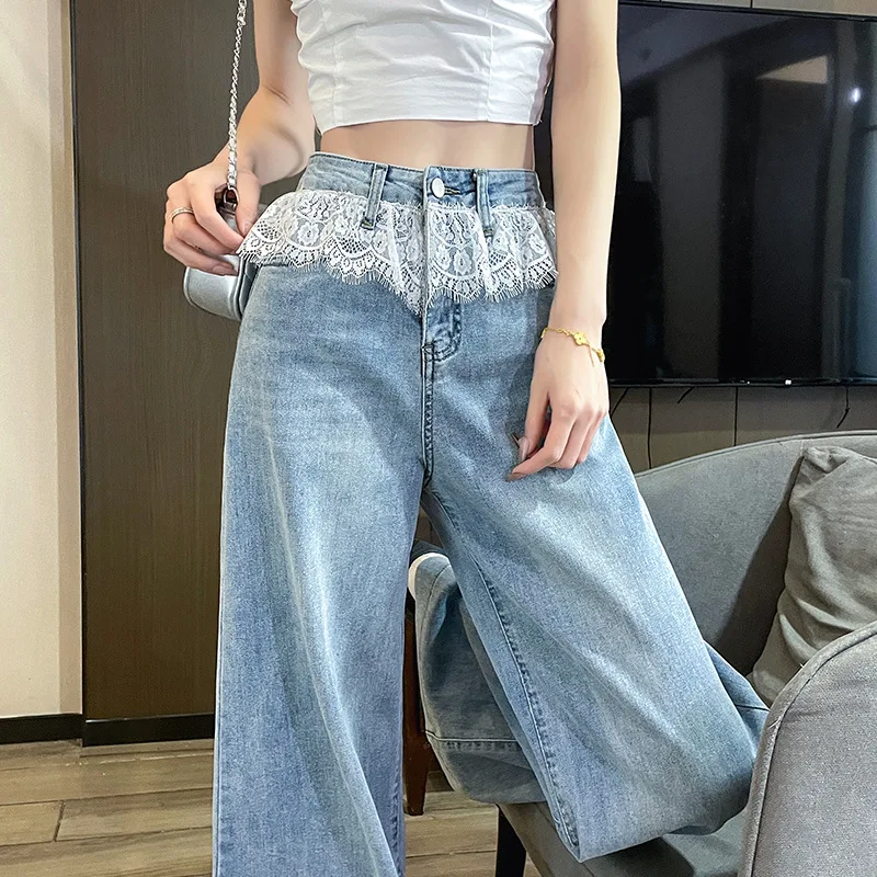 Street Trend Lace Patchwork Denim Wide-leg Pants, Women's Spring Fashion High-waisted Loose Design Sense of Straight Leg Jeans