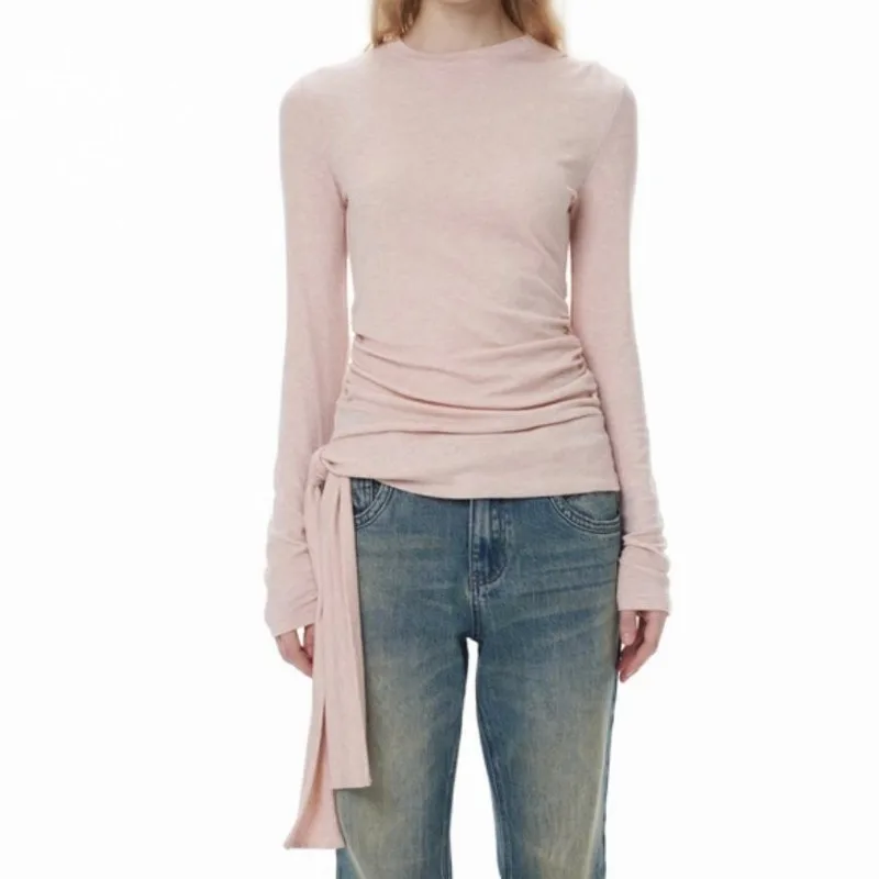 Retro Side-tie T-shirt Long-sleeved Pleated Slim Design Top for Women 2025 Autumn and Winter New Bottoming Shirt Top