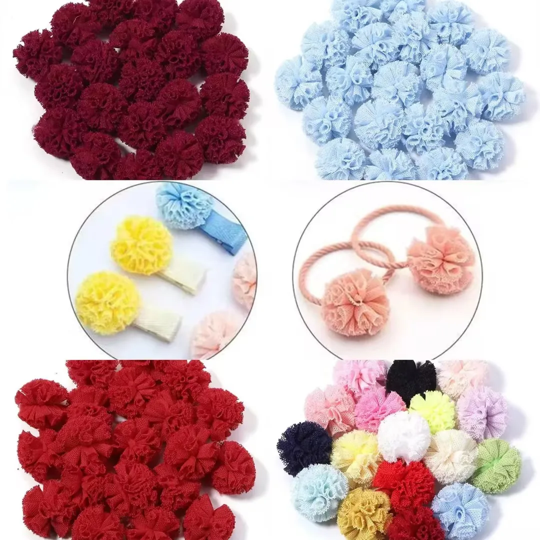 30pcs 25mm Colorful Elastic Lace Flower Ball Pompoms Mesh Pendants For Girls Kids DIY Hairpins Clothes Hat Decor Accessories
