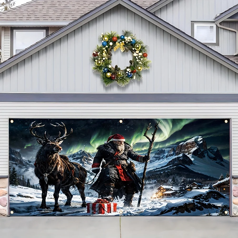 

Цельный флаг для зимней двери гаража, узор Санта-Клауса с оленями и снежной Авроры, изготовлен из полиэстера