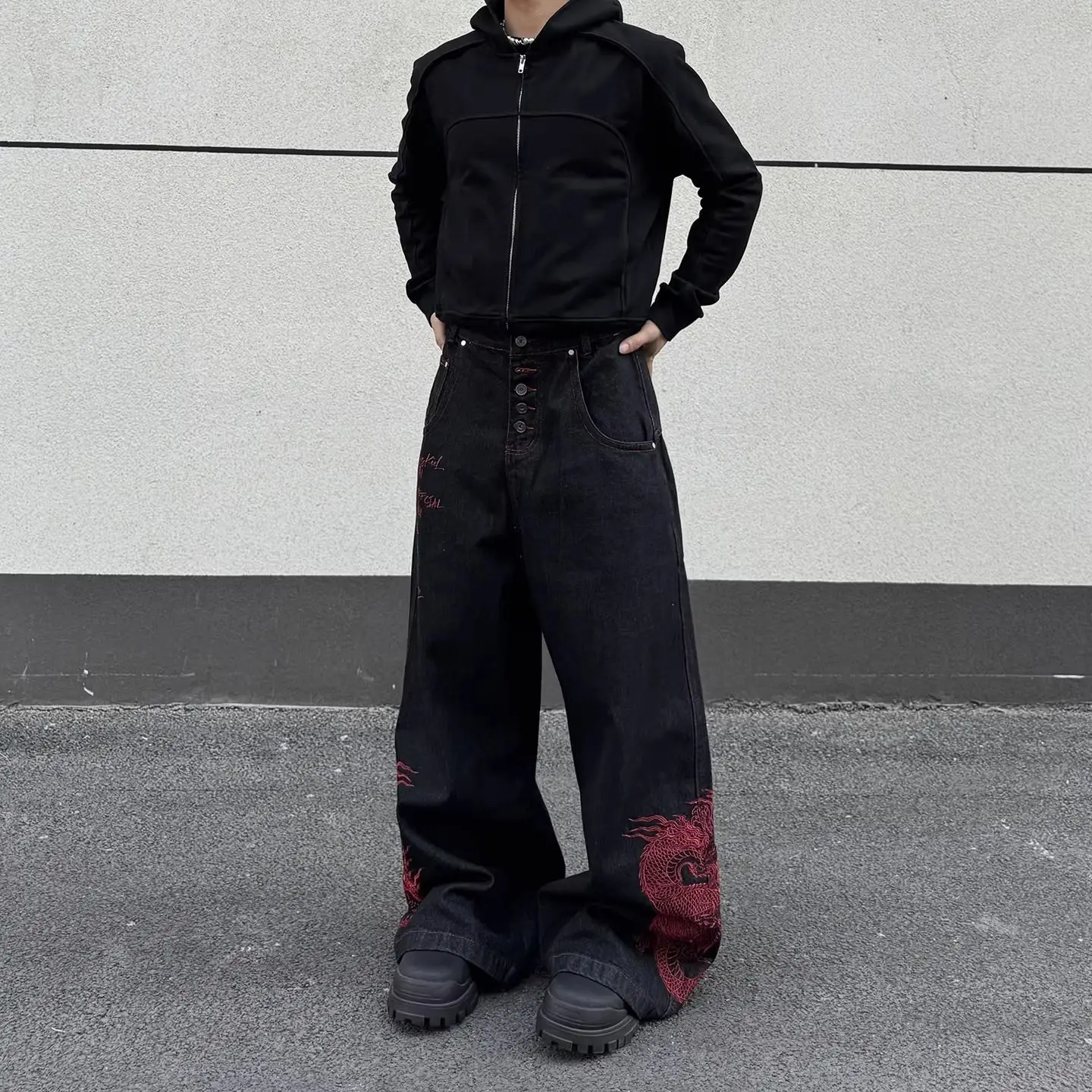 Men's Red Embroidery Pattern Printed Pants Streetwear High Waist Sweatpants Cool Boy Casual Bottom Male High Waist Trousers
