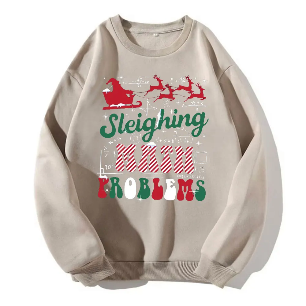 Men Women Math Teacher Christmas Shirt Sleighing Math Problems Tee Funny Kawaii Clothes Sweatshirts Long Sleeve Hoody Winter