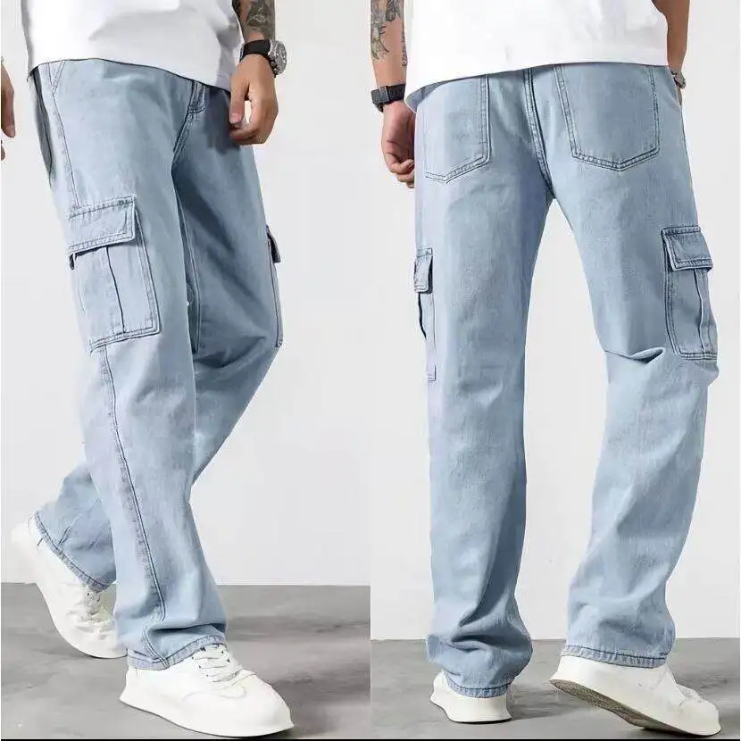 Lightweight Summer Denim Work Trousers Men's Wear Resistant Straight Leg Loose Fit Workwear Pants Multi Pockets Casual Jeans