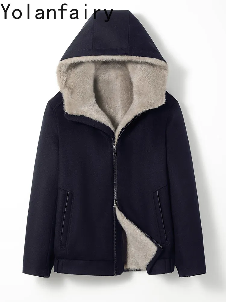 YOLANFAIRY High-end Natural Fur Coat Men Winter Luxury Detachable Mink Fur Liner Jacket Short Cashmere Wool Coats Hooded шуба