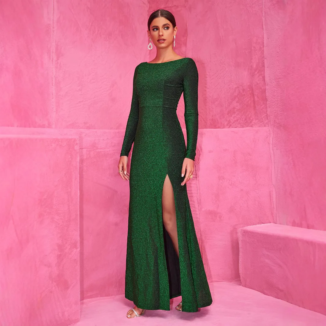 Tiefgrünes Damen-Bankettkleid, langes Kleid, elegantes und modisches Abendkleid, Damen-Schlitzrock