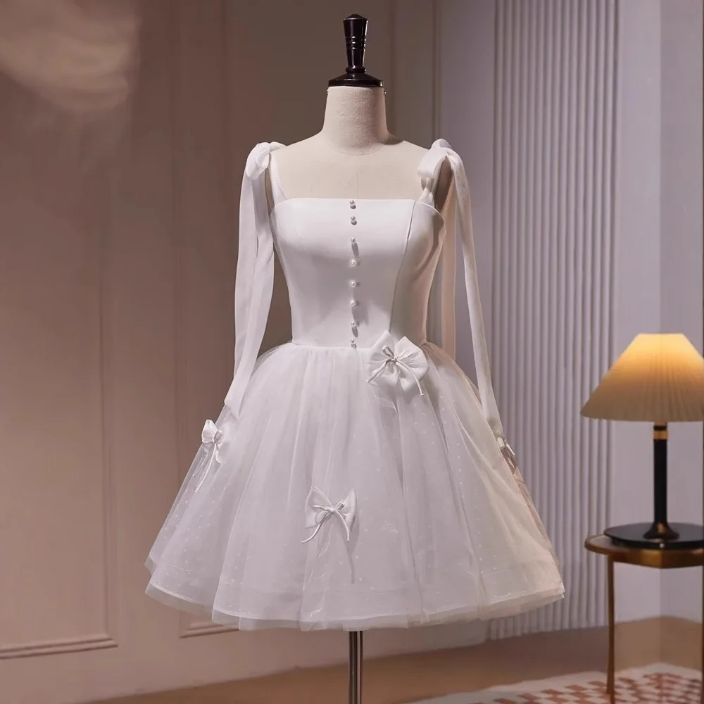 Temperament Socialite Birthday Party Dresses Sleeveless Lace-Up Straps 3D Bow High Waist Mesh Fluffy White Wedding Dress Women