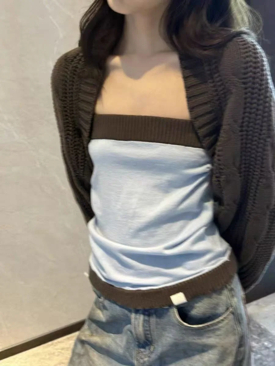 Real shot-Conjunto de dos piezas de punto en bloque para mujer, Top informal y versátil, corte ajustado, Color Patchwork de nicho coreano, otoño 2025, (tarjeta