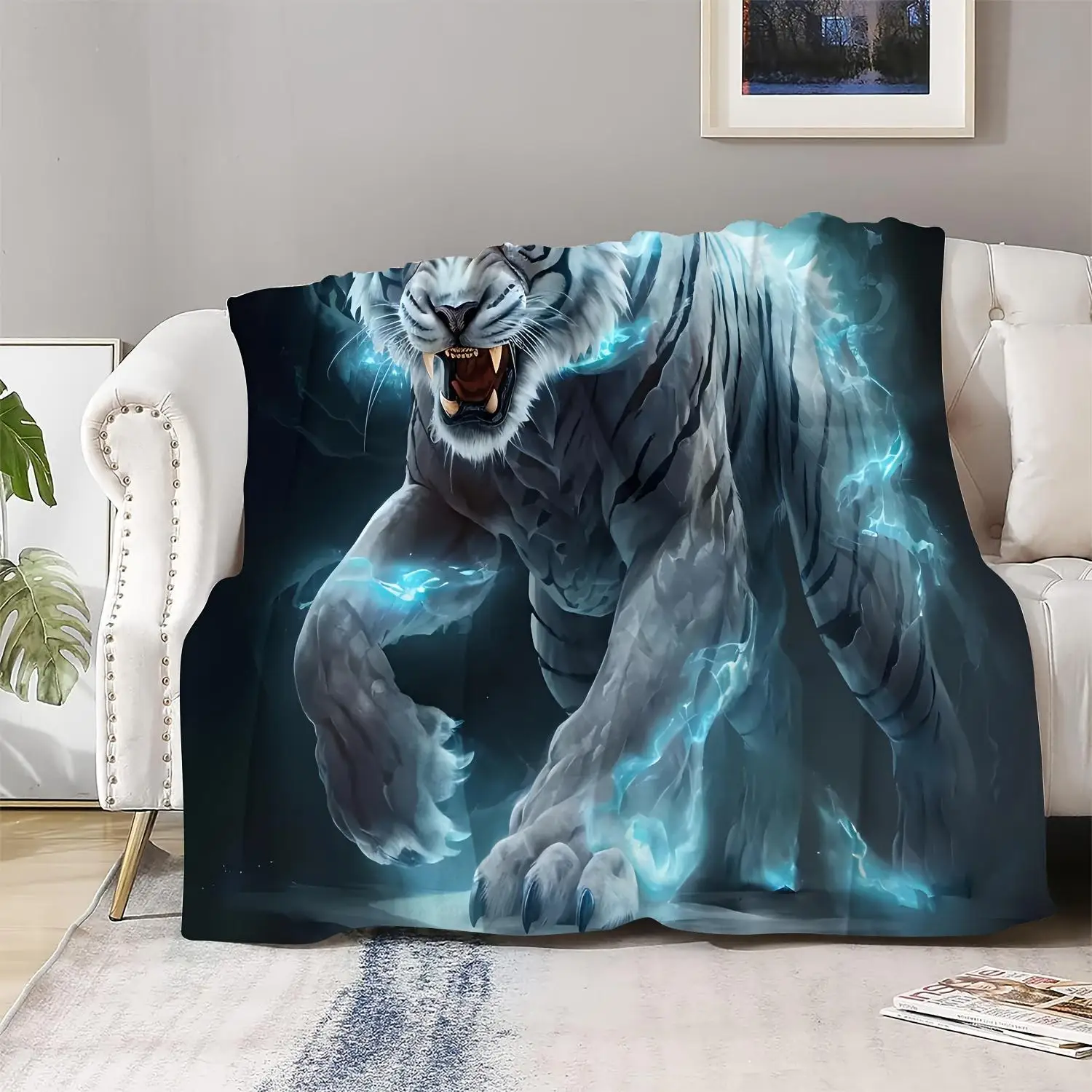 Dominant White Tiger Cashmere Blanket, Suitable for Beds, Sofas, Travelling and Camping Gifts for Men Patterned Printed Blanket