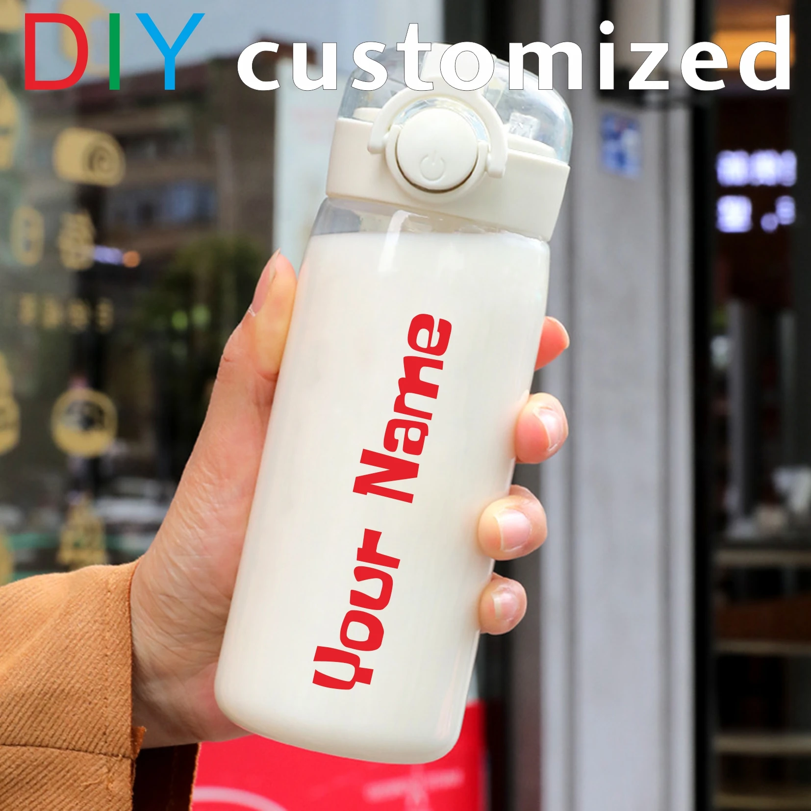 Customized Print Name Plastic Bottle, School Kid\'s Cup, Straw Tube Ring Handle, Easy Take Food Safety Material, DIY, 400ml