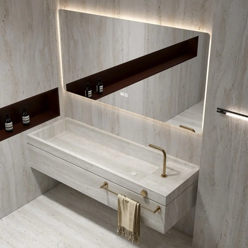 Hotel wind bathroom cabinet rock slab seamless integrated basin custom bathroom commercial wash basin washstand size custom