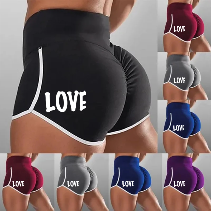 

Sexy Printed Love Fitness Shorts Splice Women Beach Yoga Stretch Pleated Pants Summer Clothes Jogging Plus Size Lady Streetwear