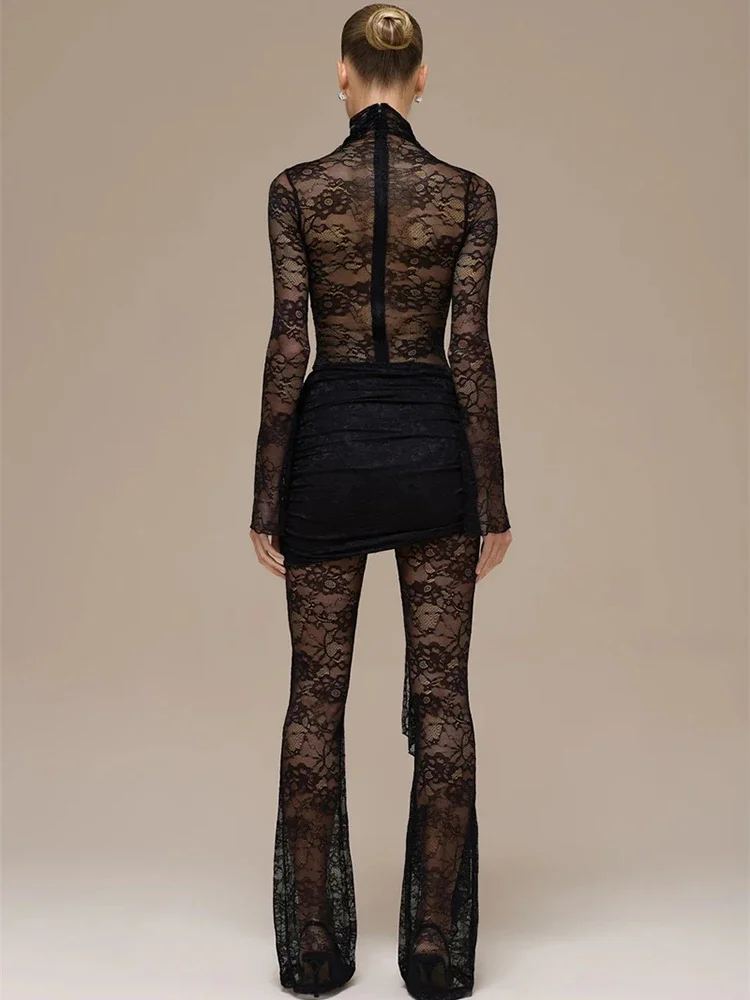 الدانتيل انظر من خلال حللا مثير النساء السروال القصير أنيقة شبكة شير نحيل ثنيات Ruched نادي بذلة الحفلات الإناث #4