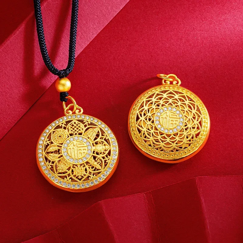 

9999 Real Gold 24K Ethnic Style Hollow Retro Point Diamond Eight Treasures Disc Pendant Ancient Compass Pendant