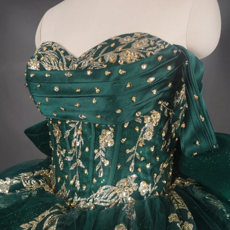 green emerald velvet dress Long Cap Sleeve Quinceañera Ball Gown in Hunter Green - Elegant Sweetheart Neckline main image 1