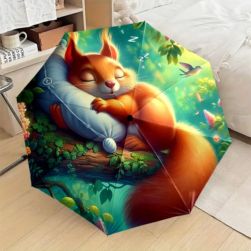 Sleeping Squirrel on Pillow in Dreamy Forest Scene portable waterproof sun rain umbrella for outdoor travel beach