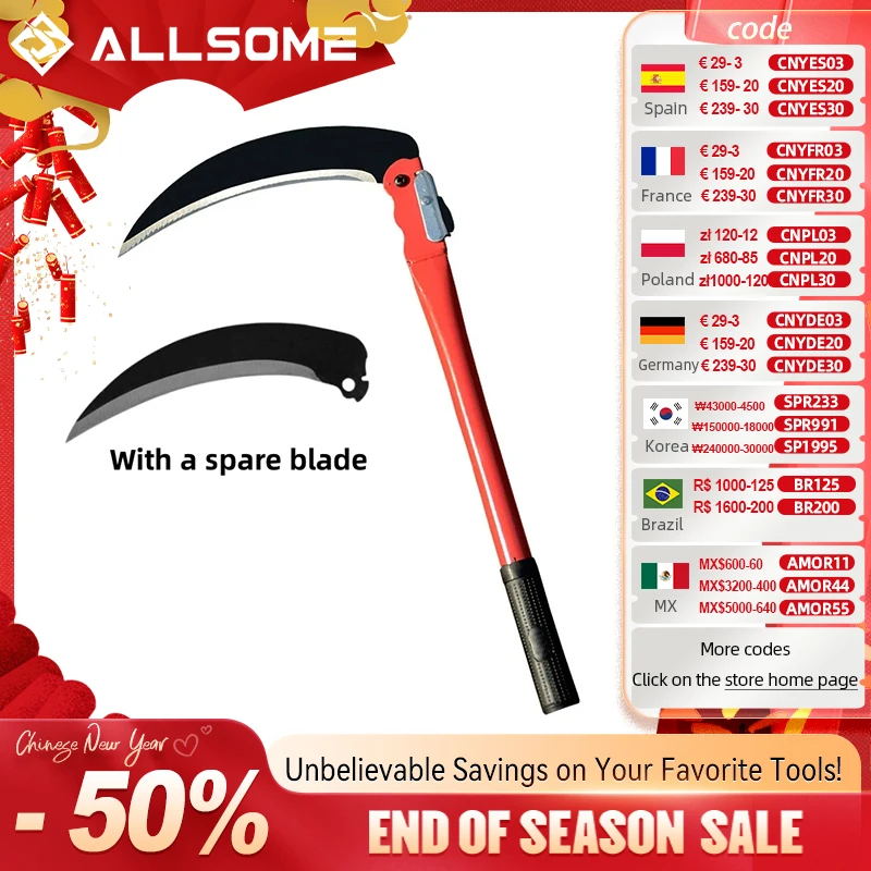 Agricultural Folding Sickle Long Handle  Folding Scythe Lawn Mower Gardening Grass Weeding Knife with spare blade Garden Tool