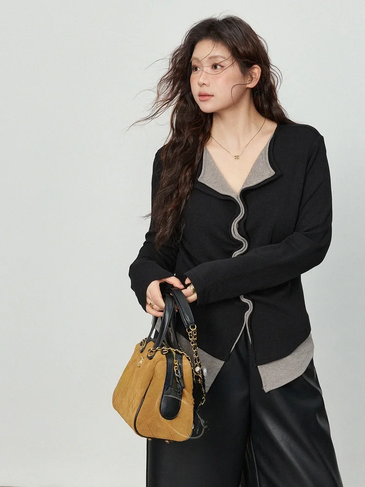 

plus Size Women's Bla Splice V-Ne Long Sve Base irt Spring New Sle Color Blo Inner Wear Top Korean Loose Fit T-S...