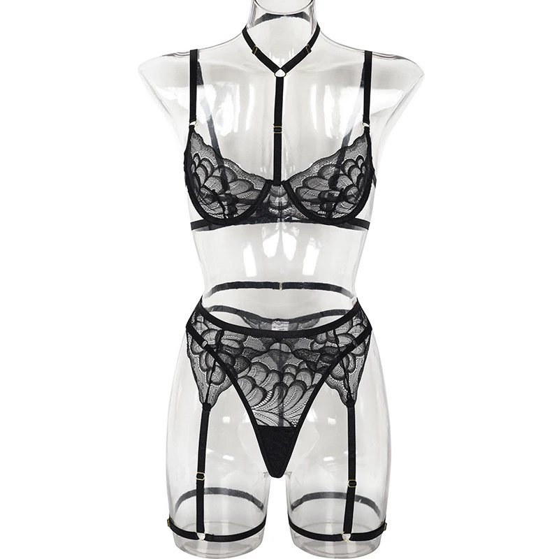 

Floral Lace Garter Lingerie Set With Choker Women Intimates Underwire Bra And Thongs Ladies Underwear Set