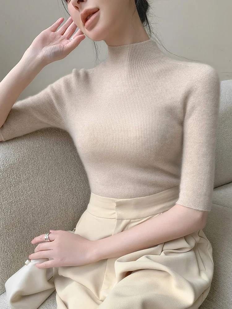 

Women Mock Neck Half Sleeve Pullover For Spring Autumn 100% Merino Wool Slim Fit Knitwear Korean Basic Solid Tights Top Clothing