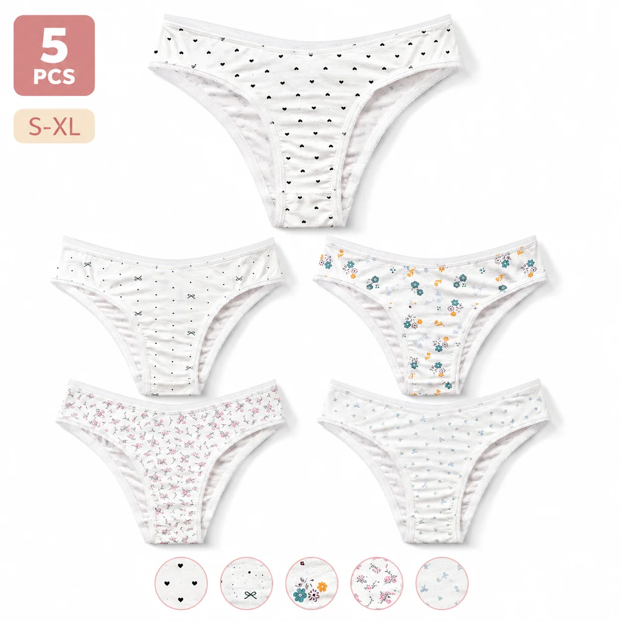 5PCS S-XL Women's Low Waist Briefs Heart Floral Bow Print Soft Breathable Stretchy Skin-Friendly Daily Comfort Ladies Underwear