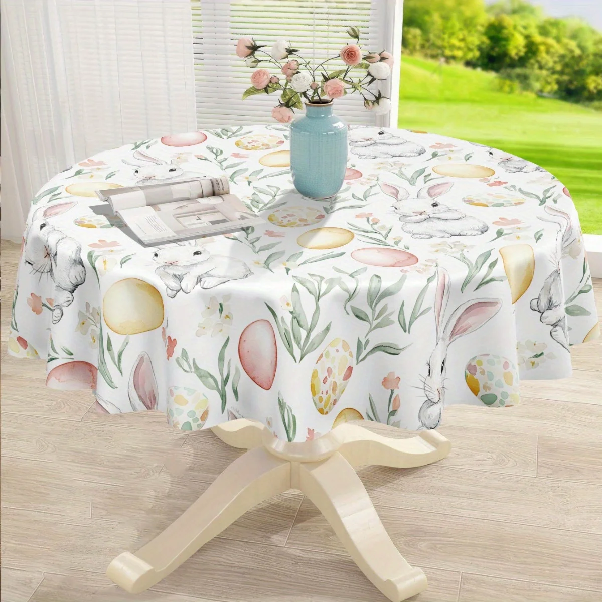 One vibrant spring-colored printed tablecloth, a cute rabbit egg flower-shaped tablecloth