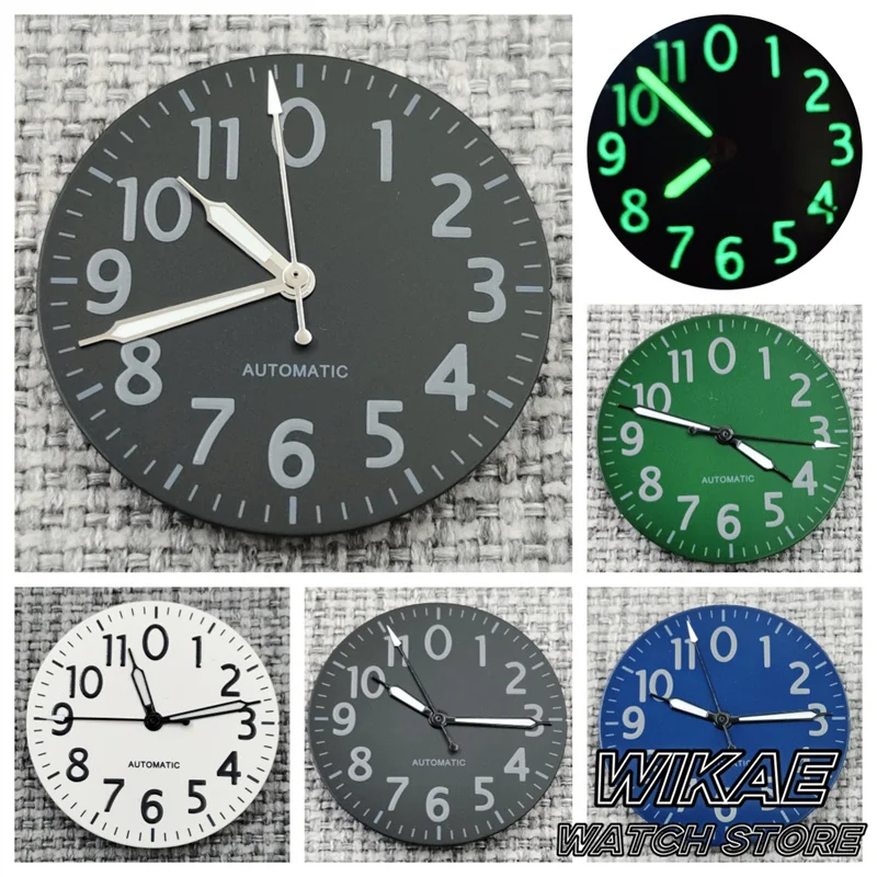 

29mm Black Blue Green White Watch Dial Hand Set Arabic Hour Number With C3 Green Luminous Fit NH35 Movement Watch Accessories
