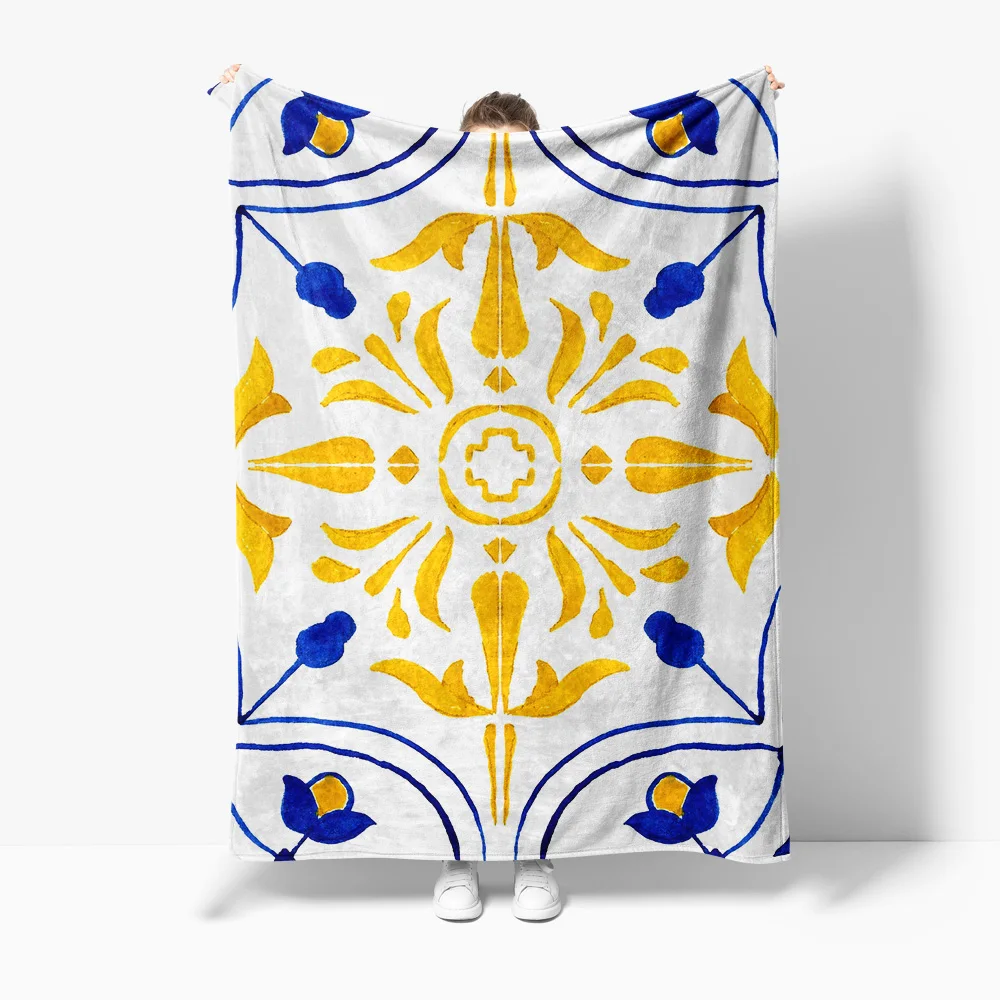 

Mustard Yellow Floral Tile Print Blanket Geometric Cushion Cover Bohemian Bedspread Home Decor Throw Blanket