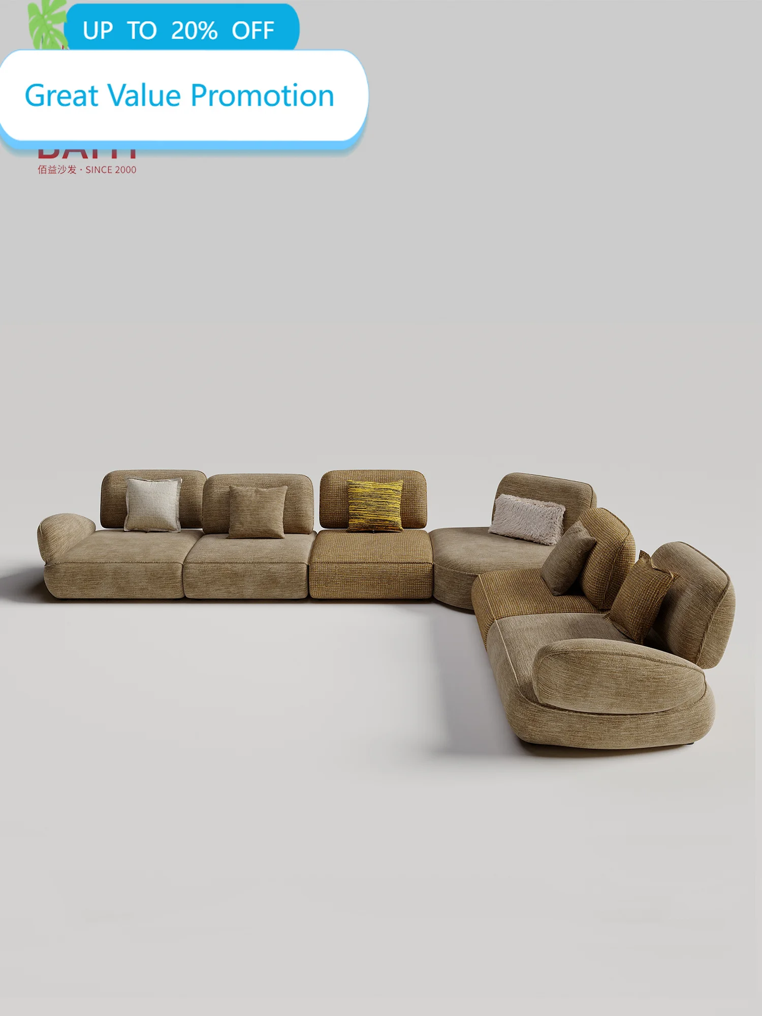 BAIYI Camel Chenille U Shaped Modular Sofa Adjustable Backrest Corner Sectional Deep Seat For Living Room Villa Bedroom Home