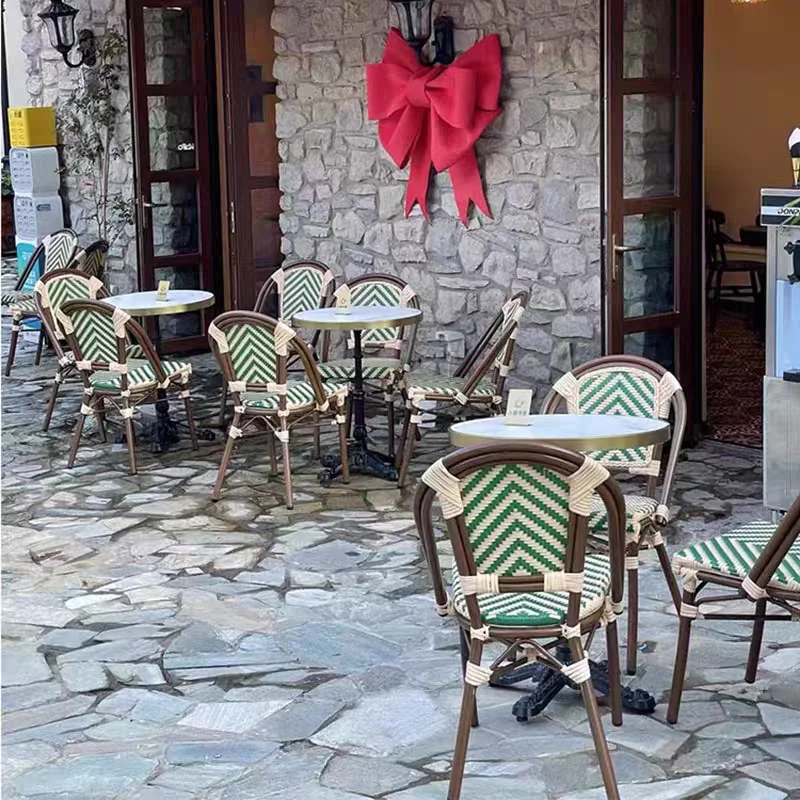 Outdoor cafe Milk tea shop Marble square table and chair combination French rattan Outdoor movable