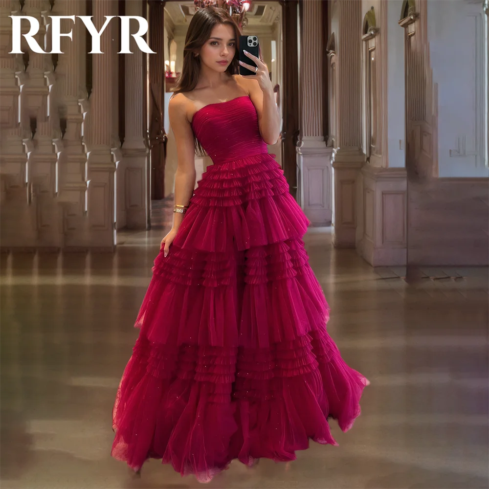 

RFYR A Line Party Dresses Strapless Tiered Prom Gowns 2025 Tulle Pleated Formal Evening Dresses for Women Customized