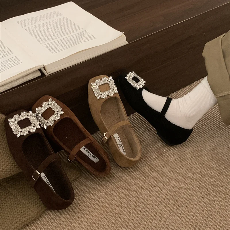 カジュアル女性靴ローファー毛皮バックルエレガントバレエフラット女性靴クリスタル冬バレリーナドレスラインストーン新しいメアリー