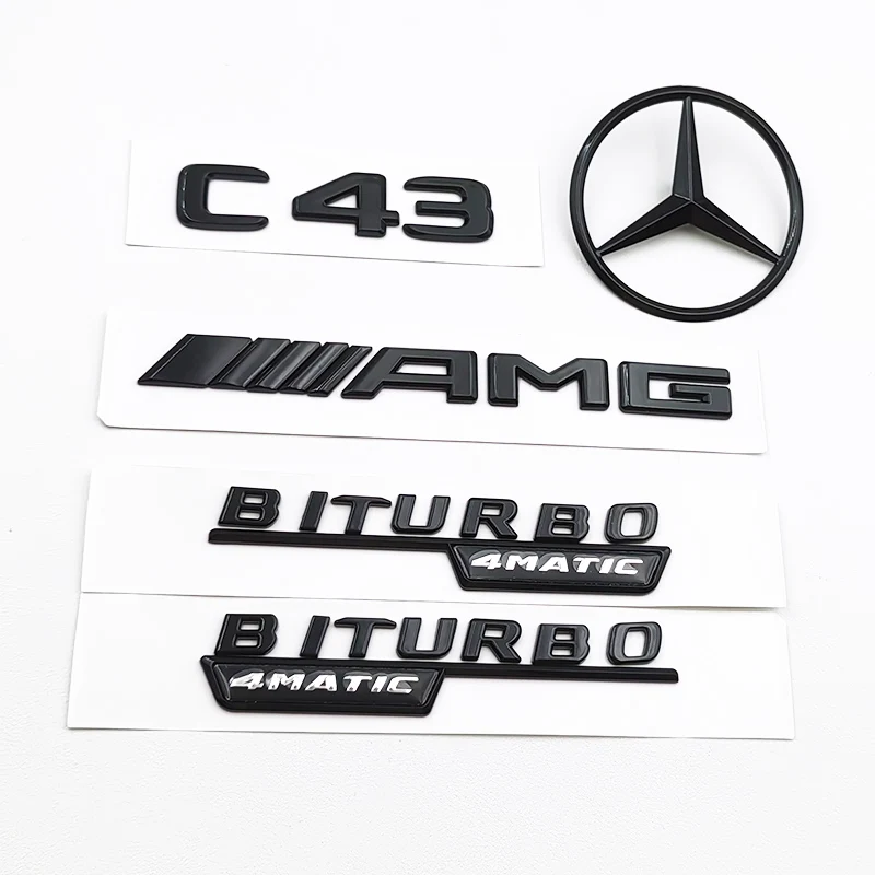 3D ABS Nero Lucido Logo C43 Embelm Lettere BITURBO 4MATIC Distintivo AMG Adesivo Per Mercedes Benz