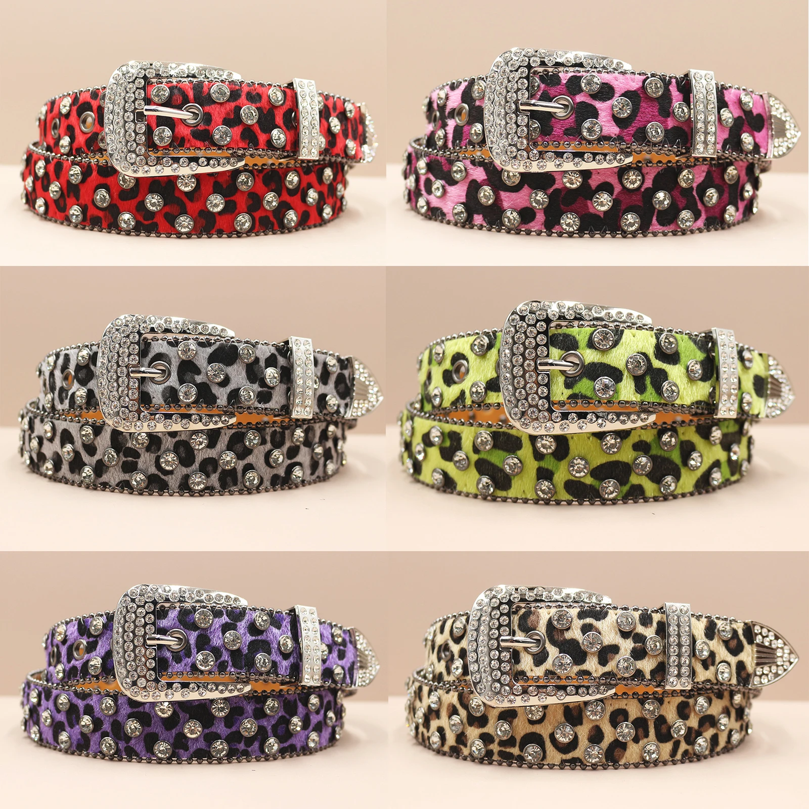 

Y2K Leopard print Rivet Belt Engraved Buckle Rhinestone Decor PU Belt Hip Hop Jeans Pants Belt Punk Western Cowboy Cowgirl Belts