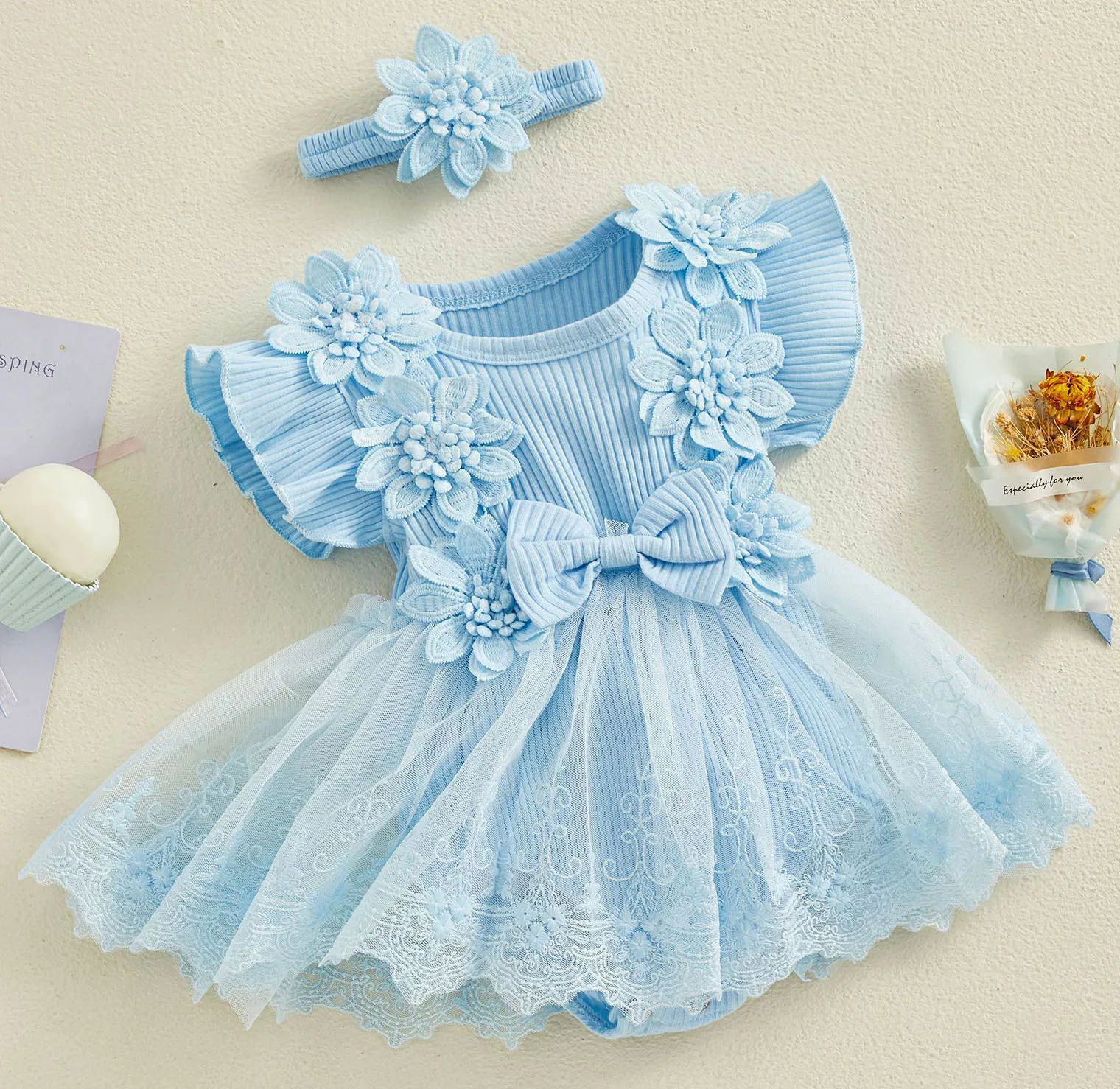 

2pcs Outfits Baby Clothing Newborn Baby Girl Dress 3d Flower Summer Lace Patchwork Ruffle Bodysuit Dress Headband Kids Clothing
