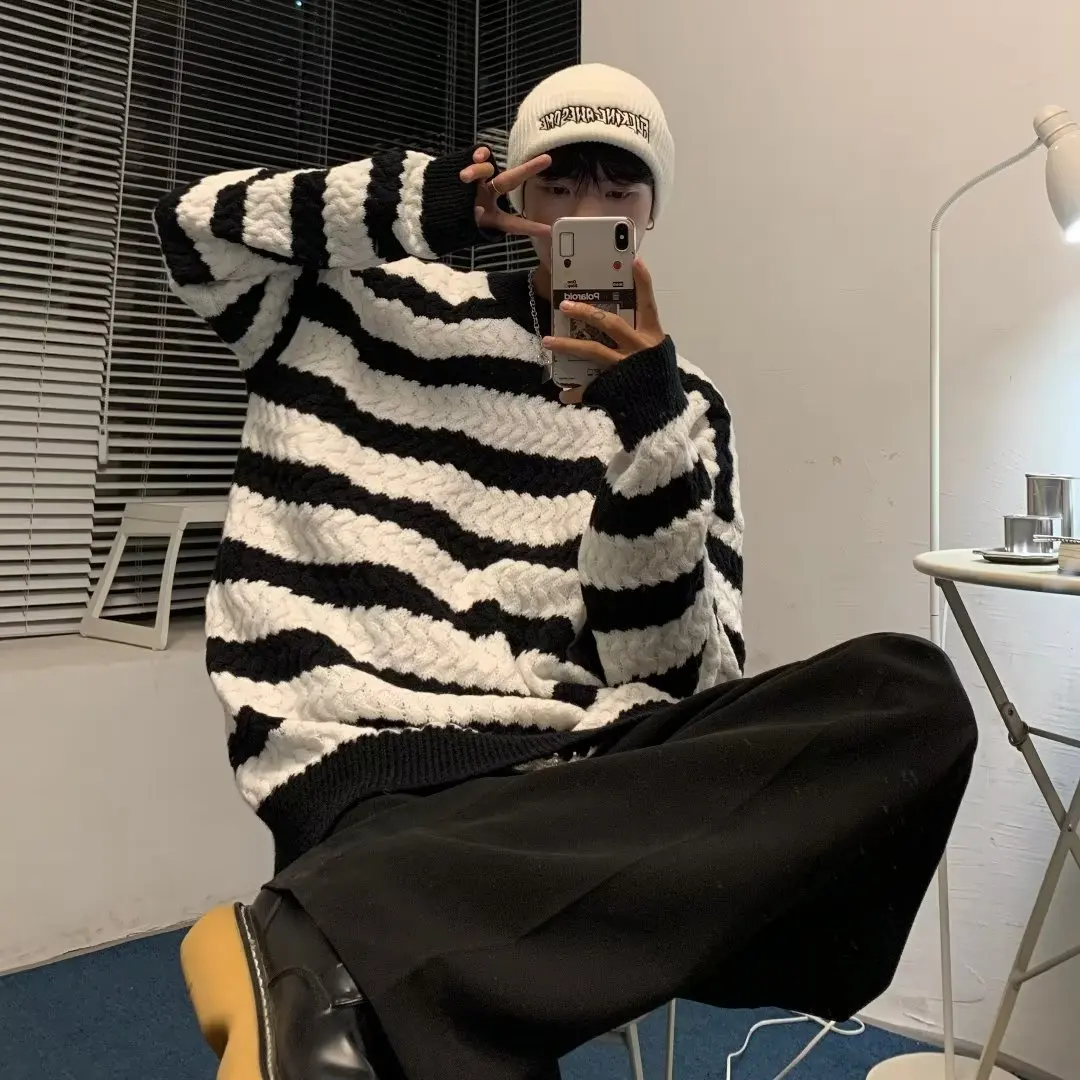 

Большой размер, осенне-зимний полосатый цветной трикотаж, мужской свитер в стиле Харадзюку, гонконгский модный верхний костюм для пар