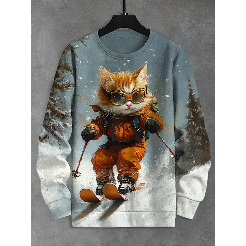 Ski Cycling Cat 3D Print Hoodies For Men Animal Astronauts Pattern Long Sleeved Sweatshirt Autumn Oversized Round Neck Pullovers