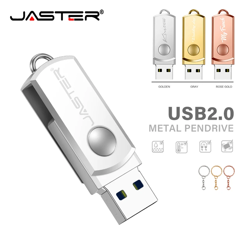 JASTER Rotatable Metal USB 2.0 Flash Drives 128GB 64GB Business Gift Pen Drive with Key Chain Memory Stick 32GB 16GB 8GB U Disk