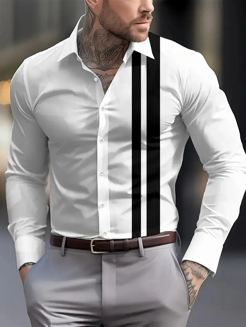 

2025 Fashion Men's Stripe Shirt Clothing High-quality Turn-down Collar Button Up Shirt Outdoor Casual Long Sleeve Shirt For Men