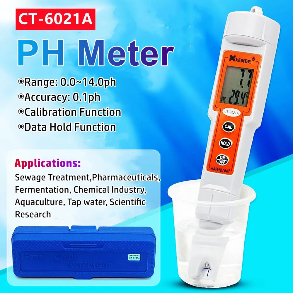 

CT-6021A Portable Digital PH Meter 0~14.00pH Waterproof Ph Temp Tester Backlight Pen Type Aquarium Laboratory Water PH Checker