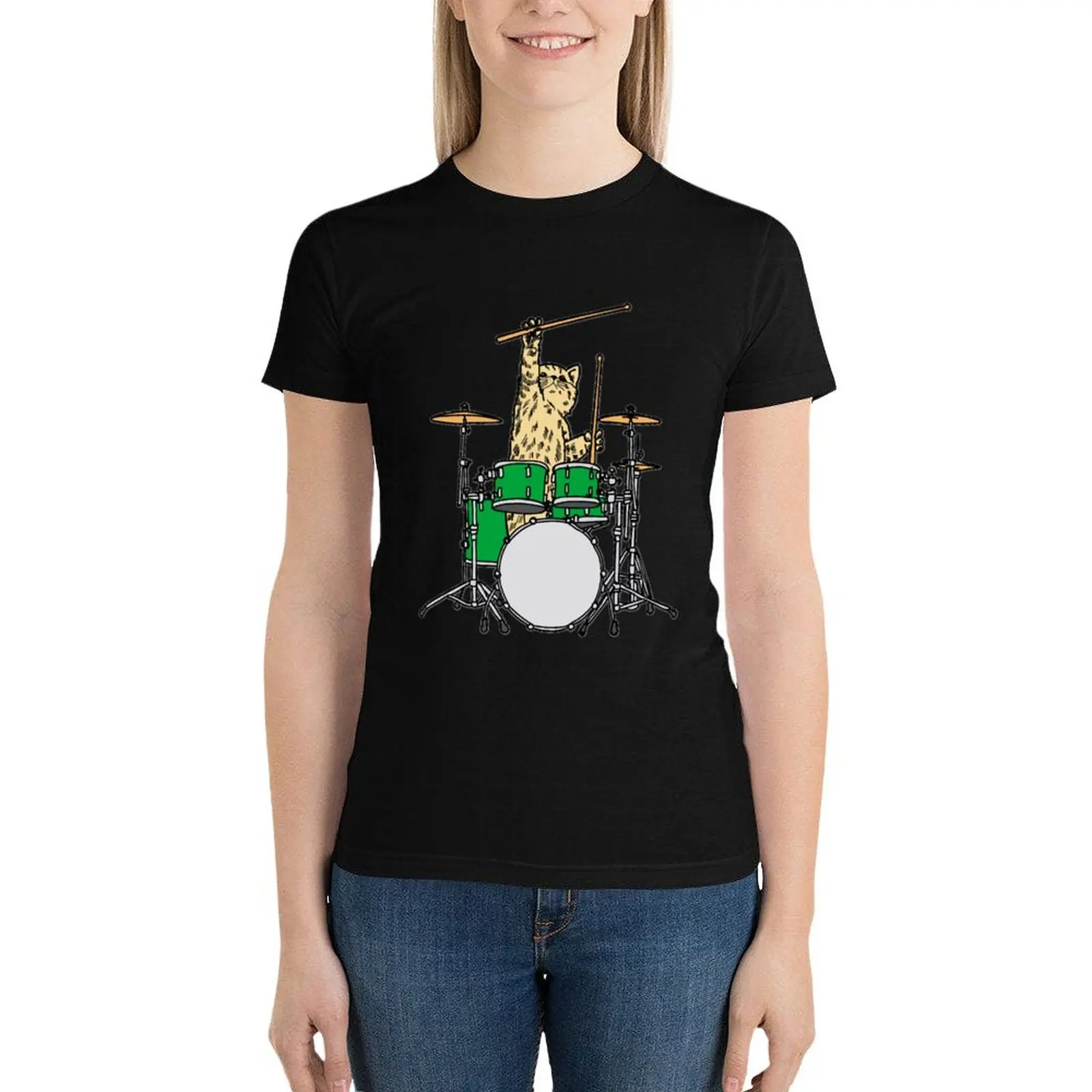 Cat drummer T-Shirt lady clothes korean fashion summer top summer clothes for Women