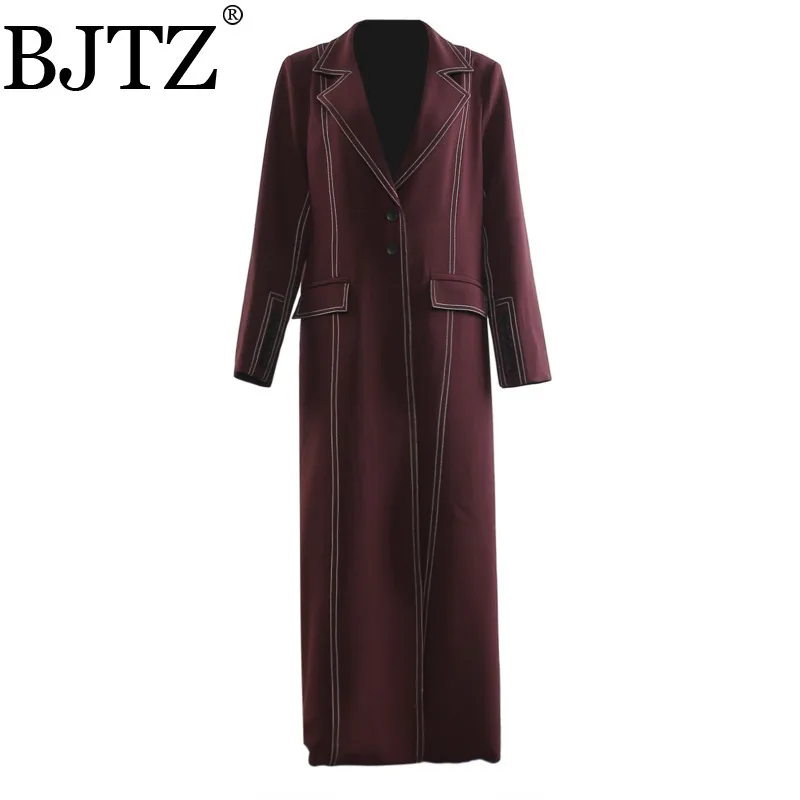 

BJTZ Heavy Industry Contrast Color Blocking Double Line Medium Long Windbreaker Jacket For Women 2025 Spring Autumn New Overcoat