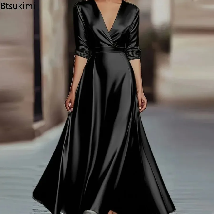 2026 Elegante Einfarbige Satin-Abendkleider Sexy V-Ausschnitt Hohe Taille A-Linie Lange Kleider Frühling Langarm Boho Maxikleid