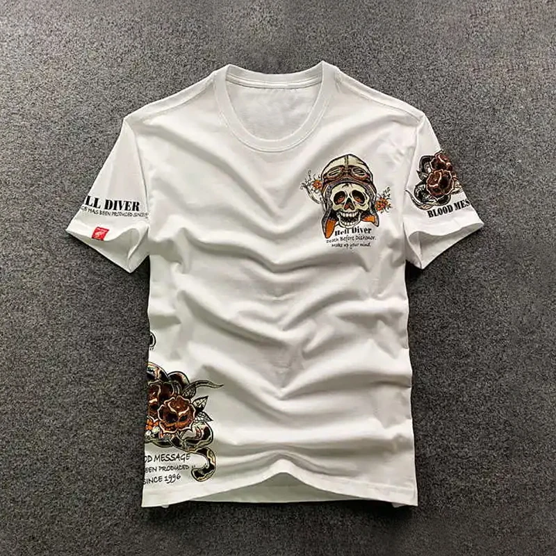 T Shirt Man Motorcycle Tattoo Street Style Cool Cartoon Skull Flying Retro Logo Summer Casual Printing Short Comfortable O-neck