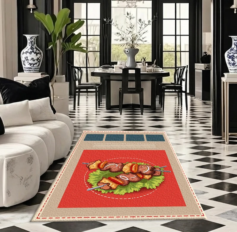 Vintage Bbq Skewers Food Art Carpet Retro Style Grilled Skewers Print Square Rug Suitable for Kitchen and Dining Room Decoration